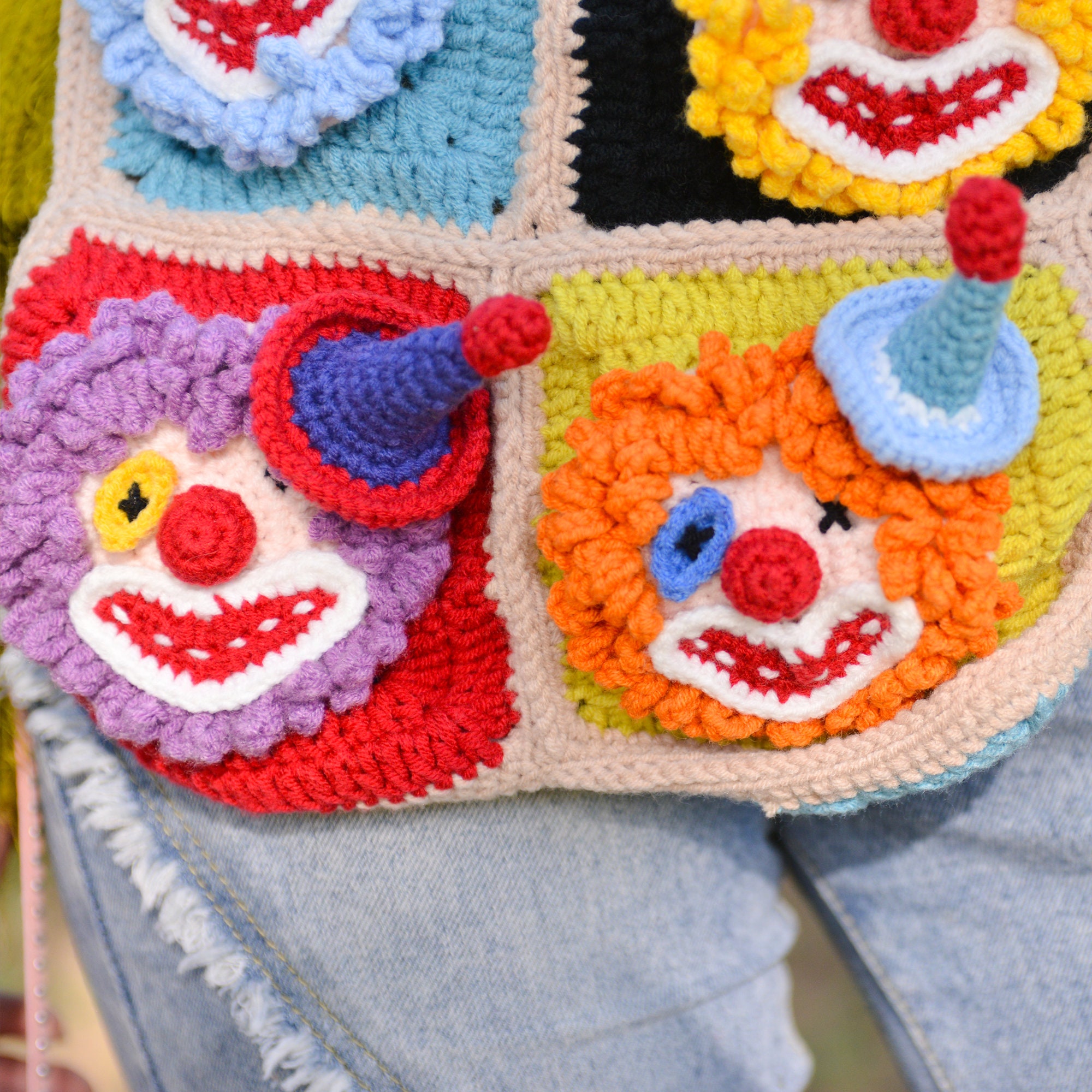 Vibrant Clown Quartet Crossbody Bag: Carry the Carnival with You!Valentine's Day Heart Edition|Crochet accessory bag|Handcrafted crochet bag