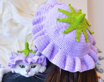 Enchanting Eggplant Elegance: Pet and Owner Matching Crochet Hat Set