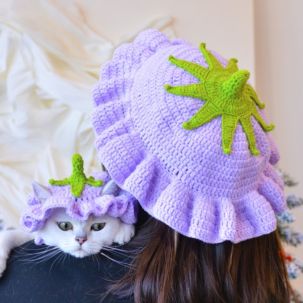 Enchanting Eggplant Elegance: Pet and Owner Matching Crochet Hat Set