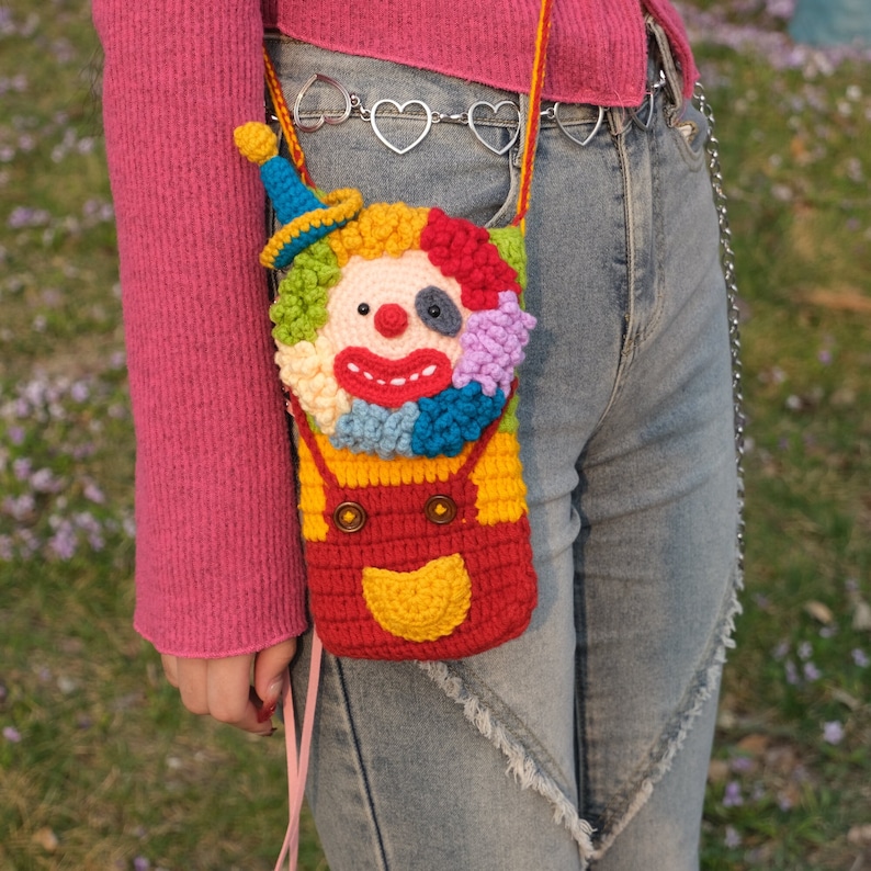 Handmade Crochet clown mobile phone bag,coin purse, crossbody bags, Birthday Gifts for Her Unique Gifts for Best Friend Wedding Gifts image 1