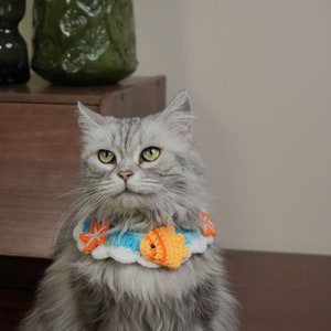 May include: A gray and white cat wearing a crocheted collar with a blue, white, and orange fish design.