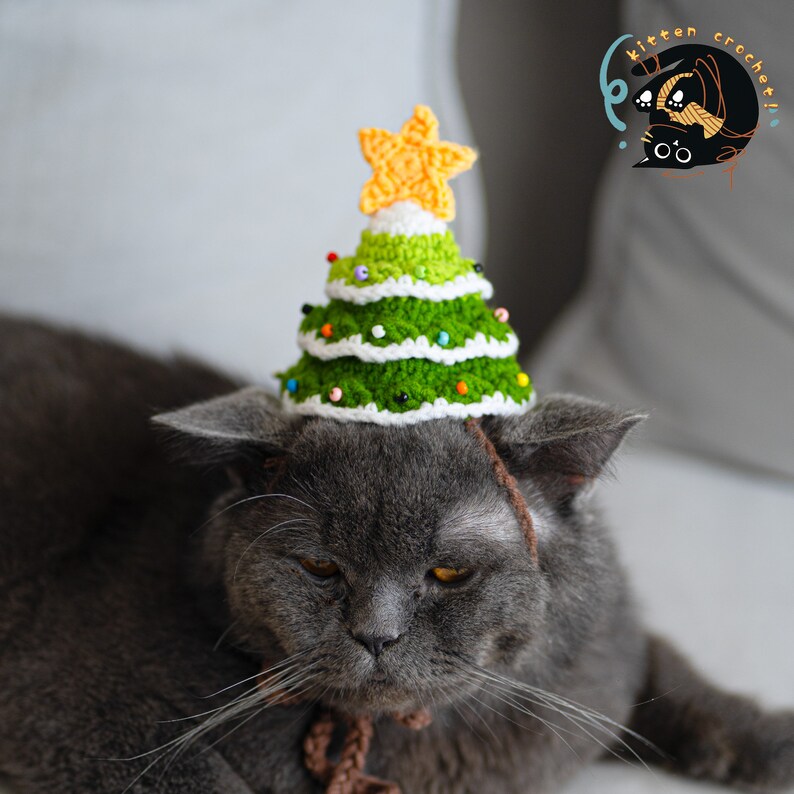 Puede incluir: Un gato gris con un gorro de &aacute;rbol de Navidad de crochet verde y blanco con una estrella amarilla en la parte superior. El gorro est&aacute; decorado con cuentas de colores.
