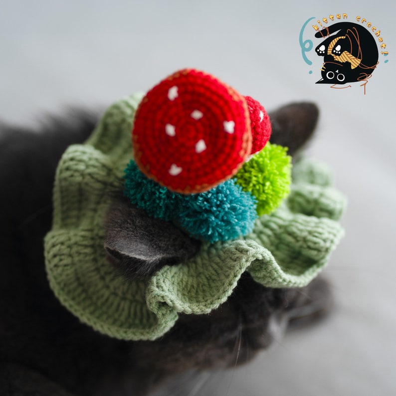 Crochet mushroom hat for Cat or small dog, Adorable Green Pet Hat with Red Mushrooms for Cats and Small Dogs image 4