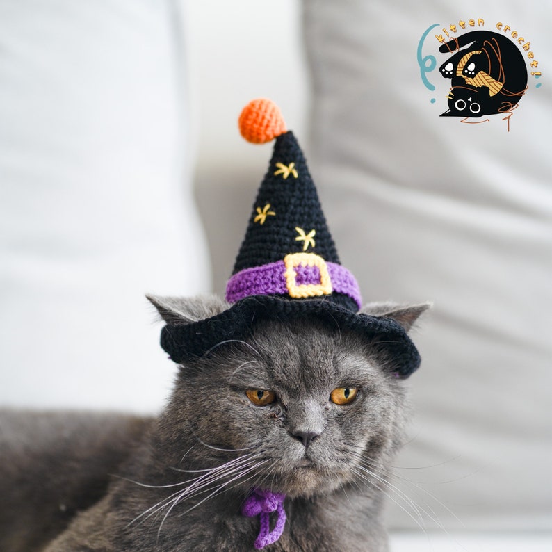 Puede incluir: Un gato gris con un sombrero de bruja negro y morado con una hebilla amarilla y un pomp&oacute;n naranja. El sombrero est&aacute; tejido a crochet y tiene estrellas bordadas.