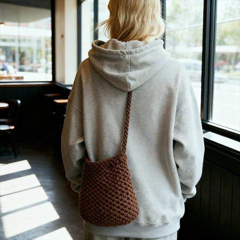 May include: A brown, crocheted shoulder bag with a braided strap. The bag is worn over a gray hoodie and is made of a thick, textured yarn. The bag is a casual accessory.