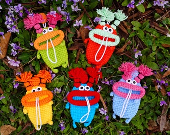 Crochet petit monstre wollen porte-clés avec sangle de traction, porte-clés, pochette à clés, étui à clés fait à la main, étui à clés de poupée drôle au crochet, cadeau de Noël