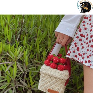 May include: A white crocheted basket with a red handle filled with crocheted red strawberries. The basket is being held by a person wearing a white shirt and a floral skirt.
