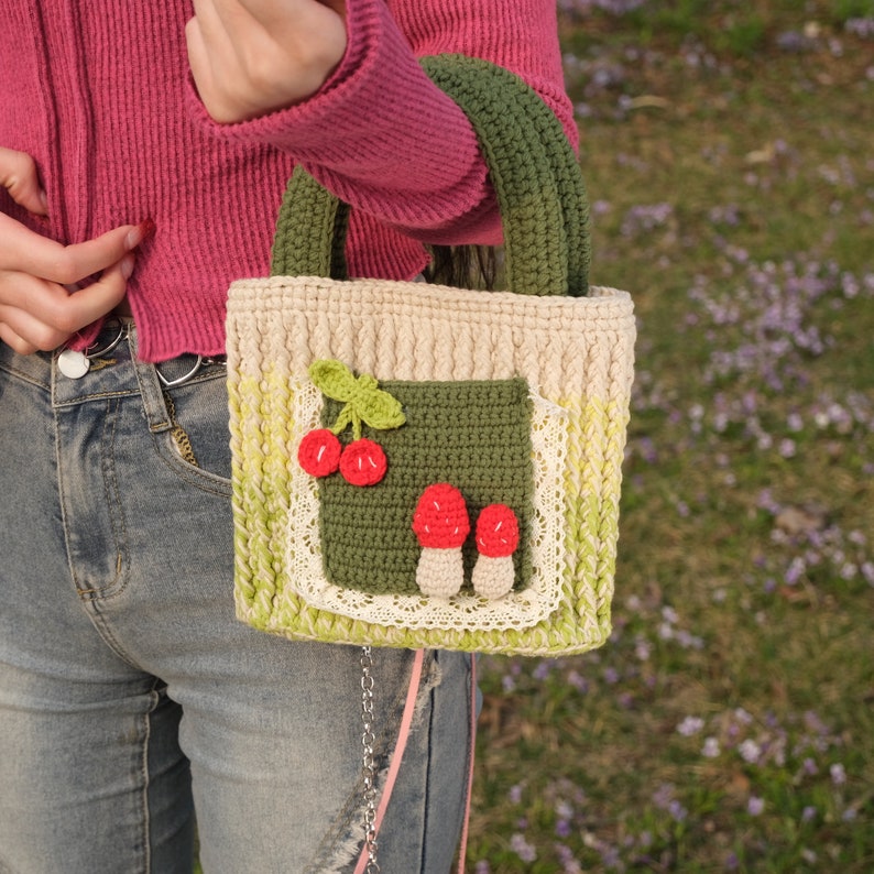 Crochet mushroom Top handle Bag,Handmade cherry Bag,Knitted mushroom Bag,crochet purse top handle bags finished product,gifts for her image 3