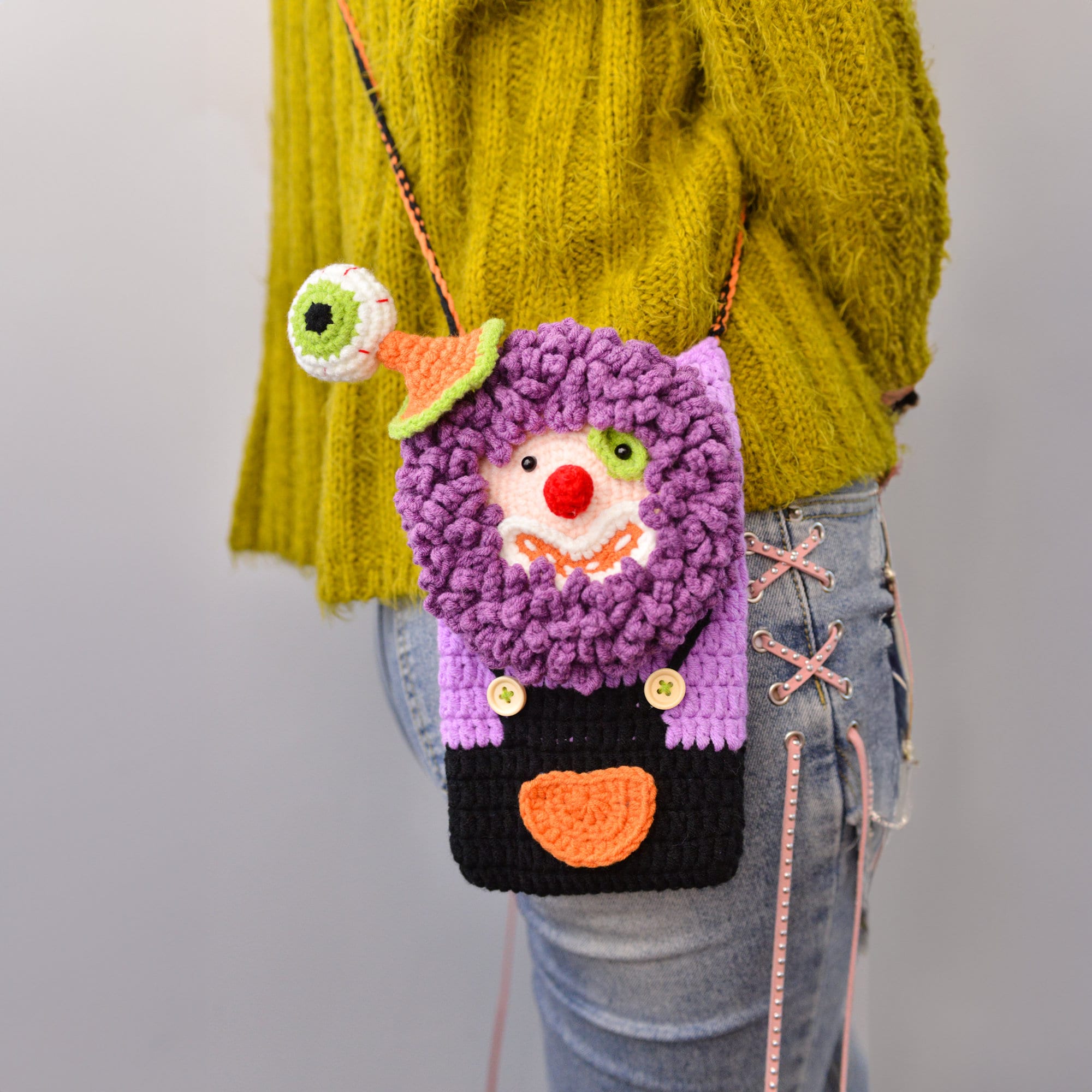 Handmade Crochet clown  phone bag,ugly phone case，crochet bag | personalized trick or treat bags | adult halloween costume | Christmas gift|