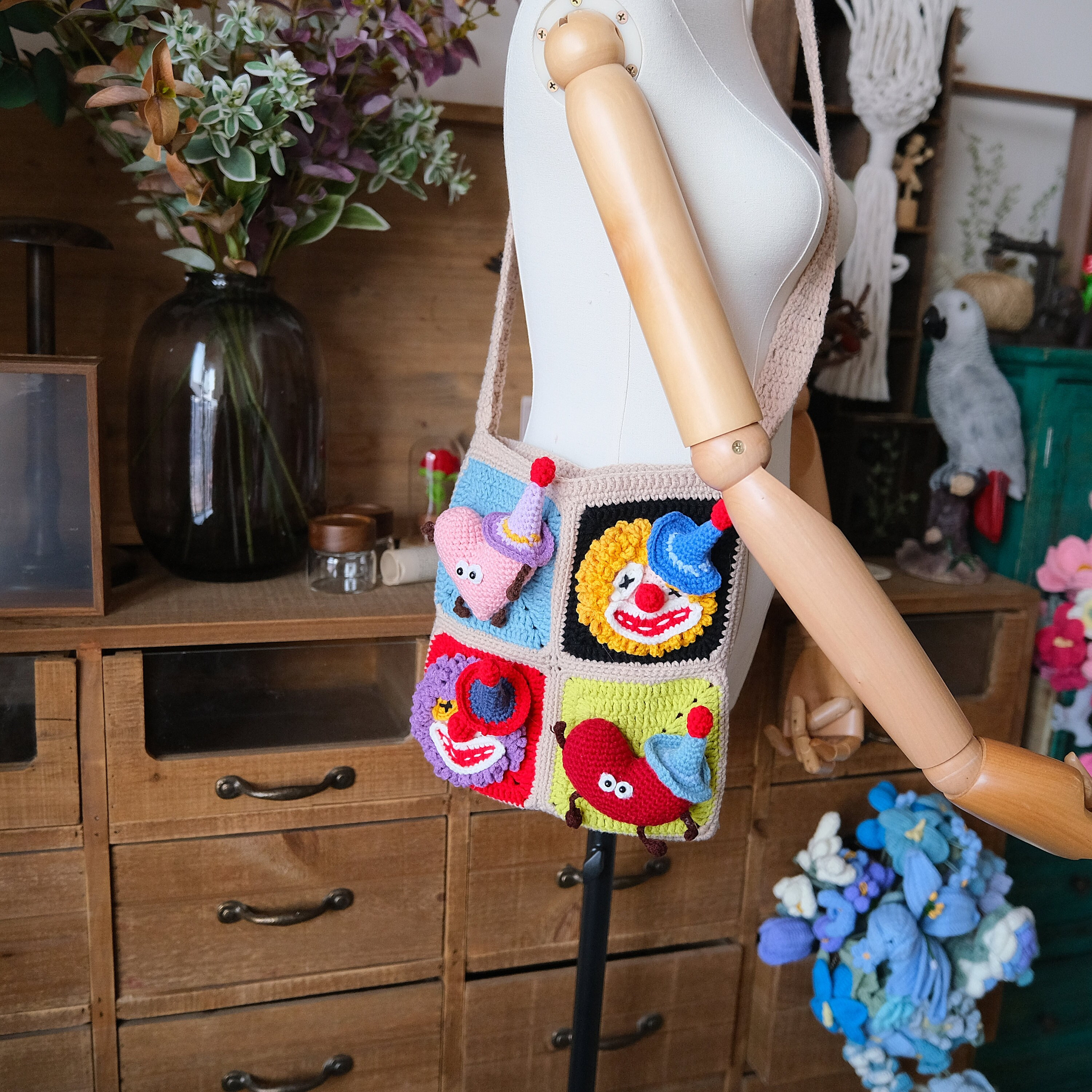 Vibrant Clown Quartet Crossbody Bag: Carry the Carnival with You!Valentine's Day Heart Edition|Crochet accessory bag|Handcrafted crochet bag