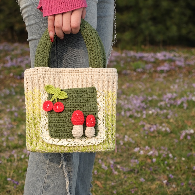 Crochet mushroom Top handle Bag,Handmade cherry Bag,Knitted mushroom Bag,crochet purse top handle bags finished product,gifts for her image 4