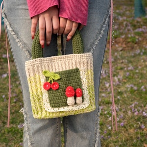 Gehäkelte Pilz Top Griff Tasche, handgemachte Kirsche Tasche, gestrickte Pilz Tasche, gehäkelte Geldbörse Top Griff Taschen fertiges Produkt, Geschenke für sie