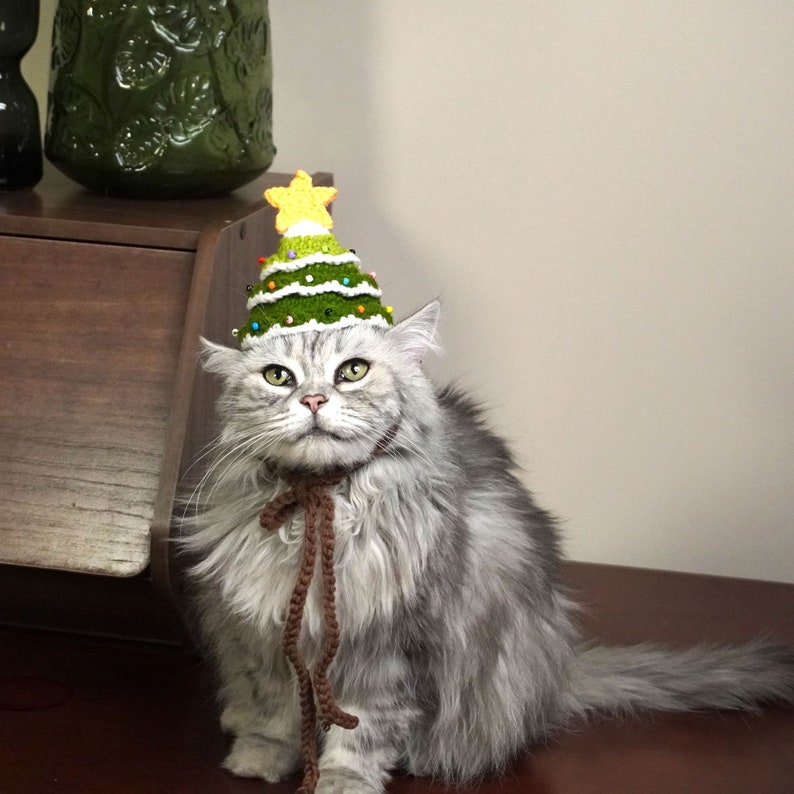 Puede incluir: Un gato gris y blanco con un gorro de &aacute;rbol de Navidad de punto verde y amarillo con una cinta marr&oacute;n alrededor del cuello.