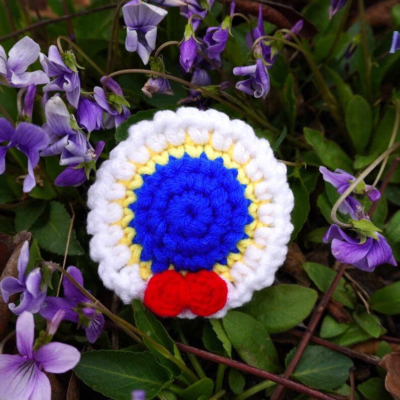 May include: A crocheted blue and yellow flower with a red bow. The flower is surrounded by purple flowers.