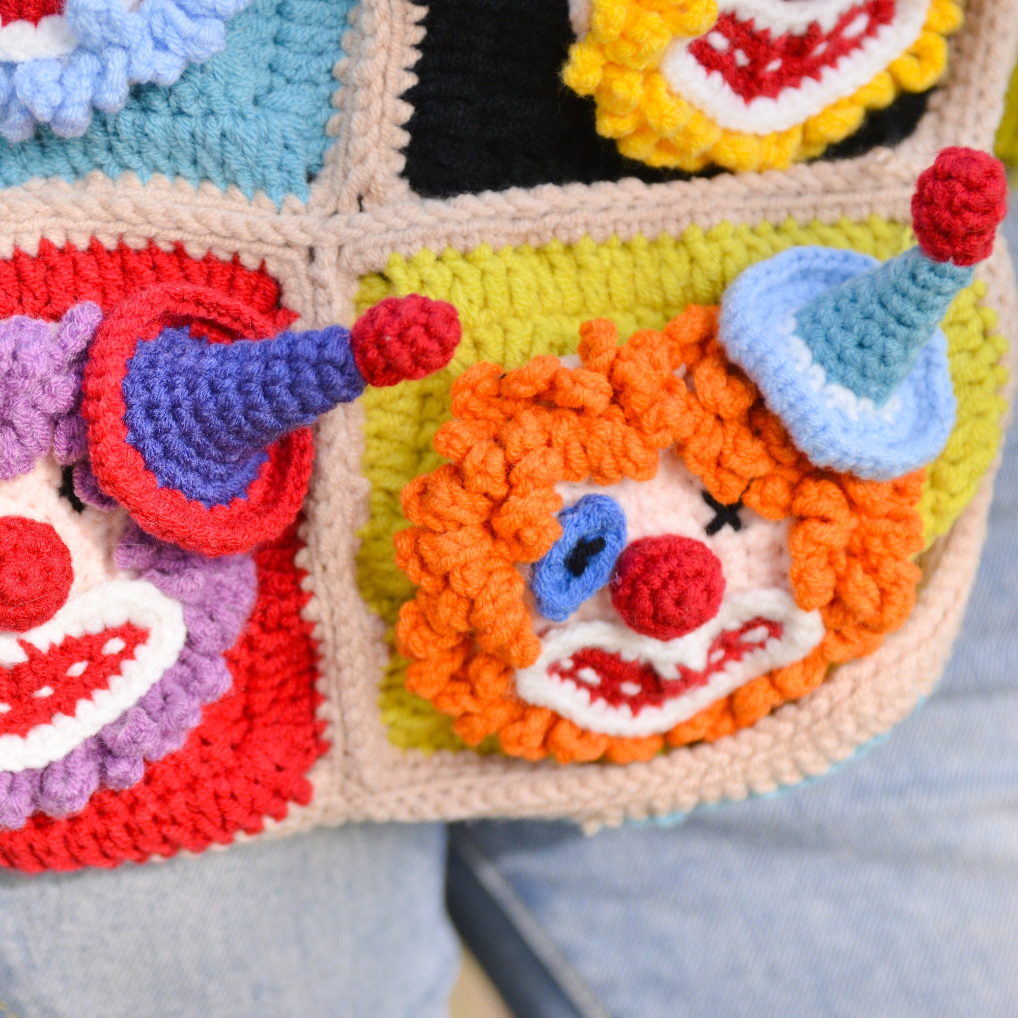 Vibrant Clown Quartet Crossbody Bag: Carry the Carnival with You!Valentine's Day Heart Edition|Crochet accessory bag|Handcrafted crochet bag