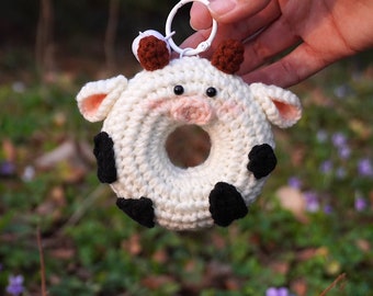 Handcrafted Cow Donut Key Chain - Cute Farm Animal Keyring
