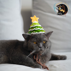 Puede incluir: Un gato gris con un gorro de &aacute;rbol de Navidad de crochet verde y blanco. El gato est&aacute; tumbado en un sof&aacute; blanco.