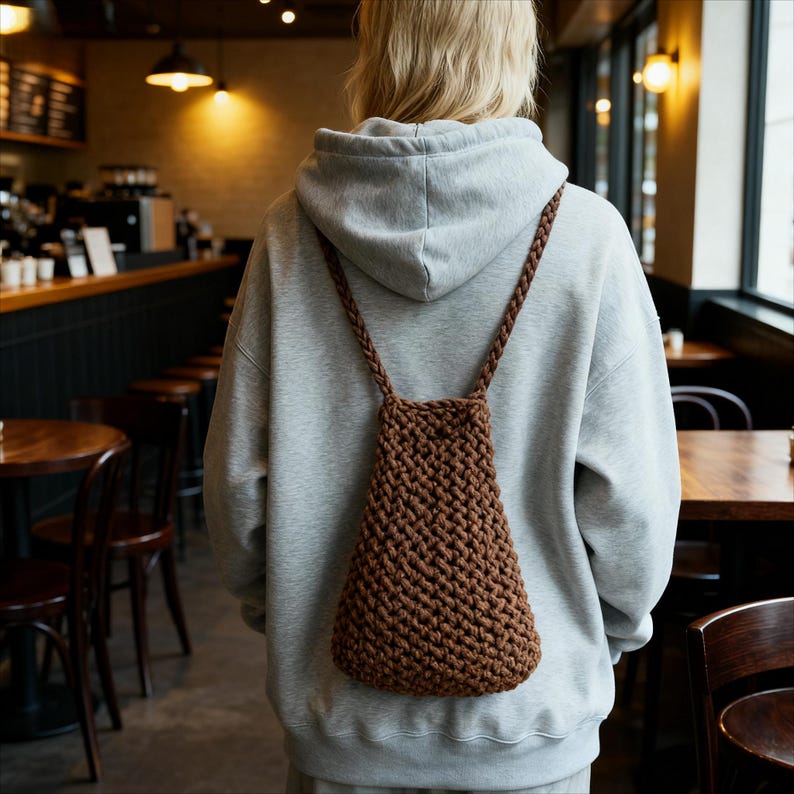 May include: A brown, hand-knitted shoulder bag with braided straps. The bag is made of thick yarn and has a textured appearance. The person is wearing a gray hoodie.