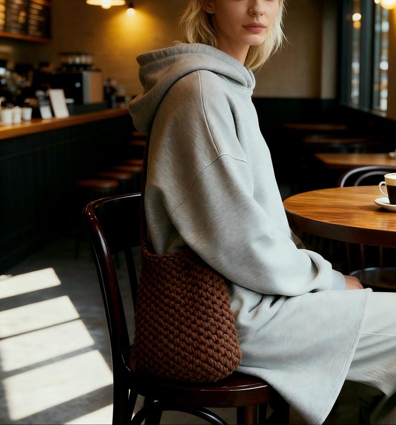 May include: A person wearing a light gray hoodie and matching sweatpants, seated in a cafe. A brown, knitted shoulder bag hangs from the chair. The cafe has wooden tables and chairs, with a coffee cup on the table.