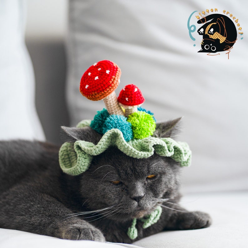 Crochet mushroom hat for Cat or small dog, Adorable Green Pet Hat with Red Mushrooms for Cats and Small Dogs image 1