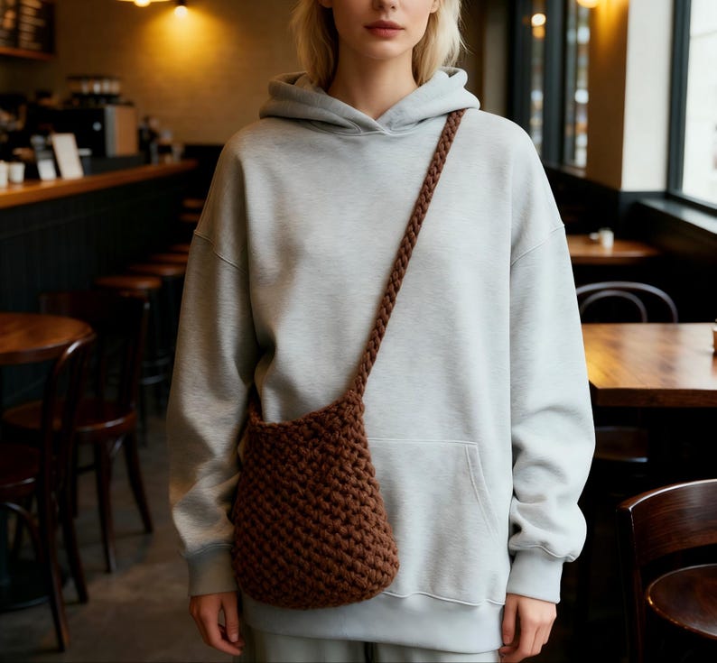 May include: A brown, crocheted shoulder bag with a long strap. The bag is a small, bucket-style design. The strap is a braided style. The person in the image is wearing a gray hoodie.