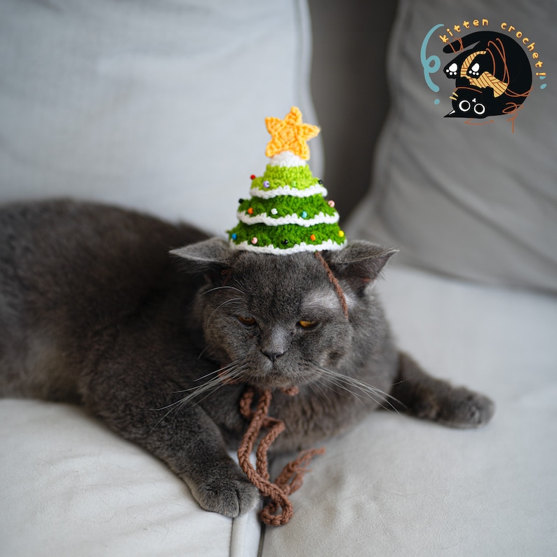 Puede incluir: Un gato gris con un gorro de &aacute;rbol de Navidad de ganchillo verde y blanco. El gato est&aacute; tumbado en un sof&aacute; blanco.