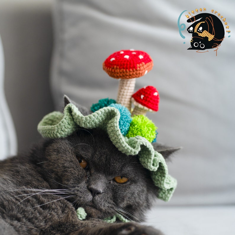 Crochet mushroom hat for Cat or small dog, Adorable Green Pet Hat with Red Mushrooms for Cats and Small Dogs image 3