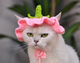 Whimsical Pink Crocheted Pet Hat with Eggplant Charm