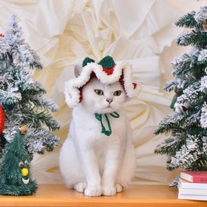 May include: A white cat wearing a red and green crocheted Santa hat with a green bow. The cat is sitting on a wooden surface in front of two small Christmas trees.