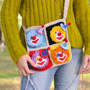 Vibrant Clown Quartet Crossbody Bag: Carry the Carnival with You!Valentine's Day Heart Edition|Crochet accessory bag|Handcrafted crochet bag