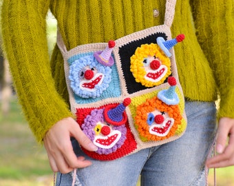 Vibrant Clown Quartet Crossbody Bag: Carry the Carnival with You!Valentine's Day Heart Edition|Crochet accessory bag|Handcrafted crochet bag