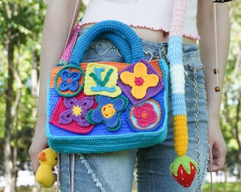 Crochet crossbody bag,Colorful Crochet Bags, Hippie  bag,Festival bag,Vintage Style bag,Double-sides,the bag With two different designs