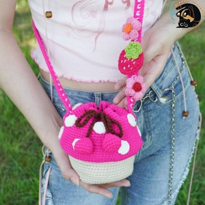 häkeln hell rosa Pilz Tasche, handgemachte Tasche, gestrickte Pilz Tasche, gehäkelte Geldbörse Crossbody Taschen fertiges Produkt, Geschenke für sie