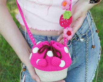 crochet bright pink mushroom bag, Handmade Bag, Knitted mushroom Bag, crochet purse crossbody bags finished product, gifts for her