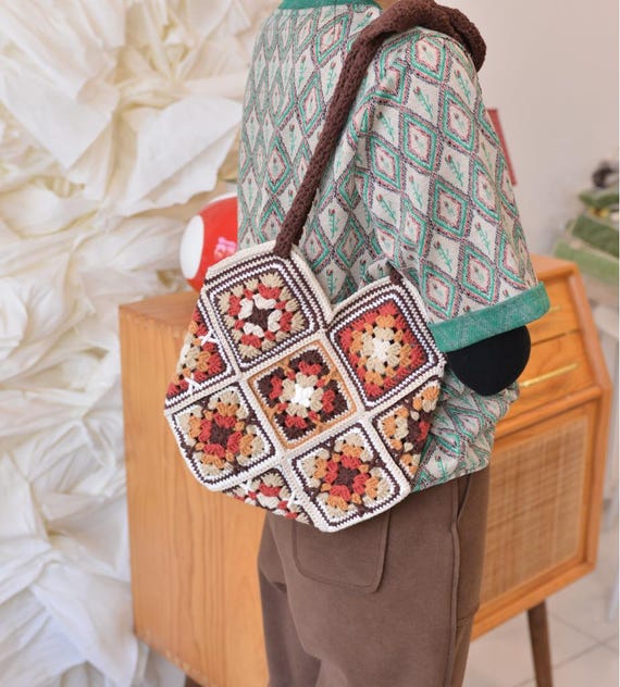 Handmade Brown Granny Square Crochet Backpack Boho Retro Shoulder Bag, Festival Rucksack, Vintage Hippie Bag, Knitted Backpack, Gift for Her
