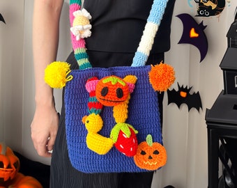 Colorful Halloween Crocheted Crossbody Bag with Playful Pumpkins and Ducks