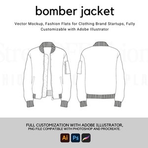 May include: A black and white line drawing of a bomber jacket, showing the front and back views. The jacket has a zipper closure, a ribbed collar, and two pockets. The text "bomber jacket" is at the top of the image.