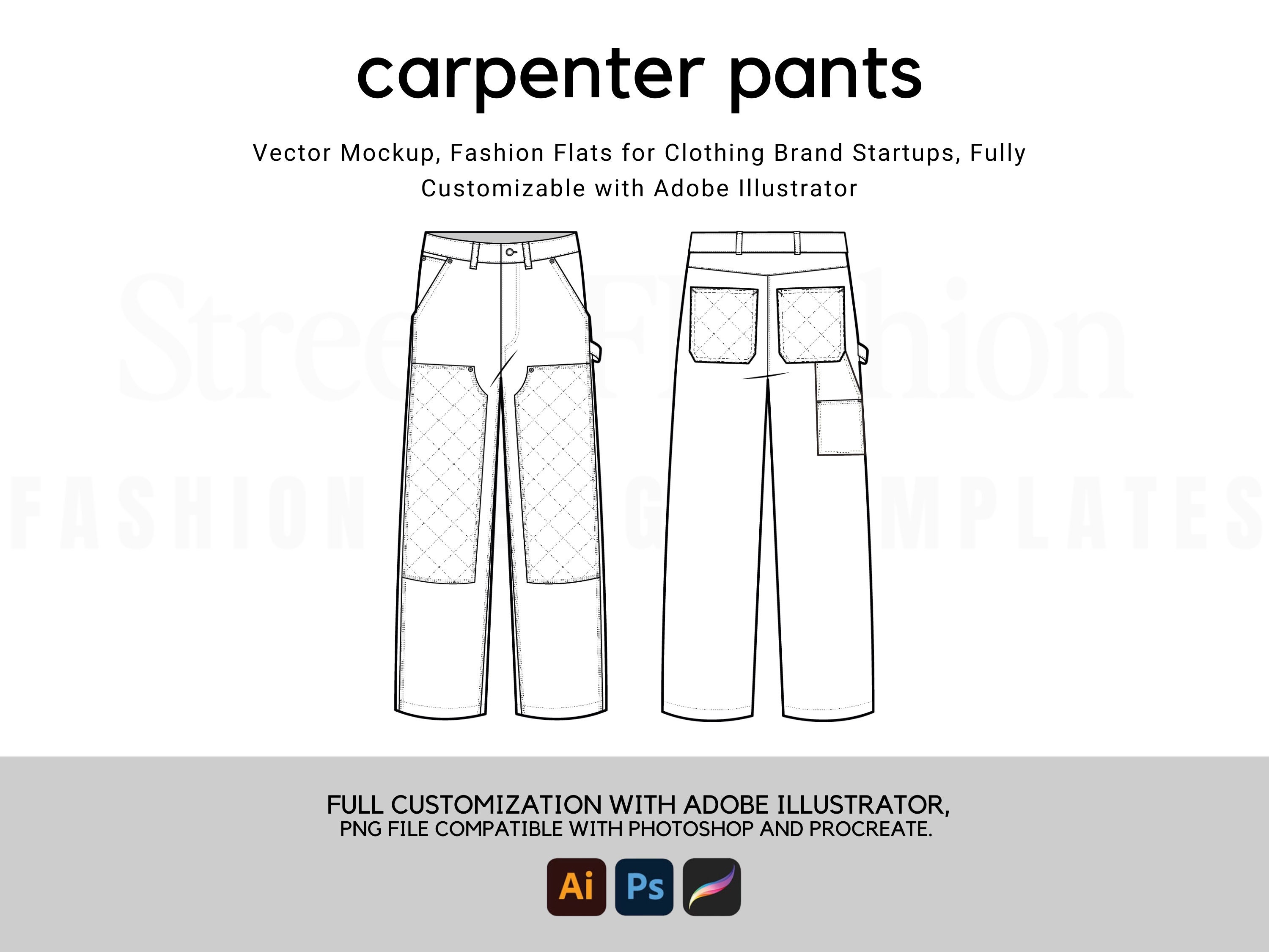 Carpenter Pants Technical Drawing: Streetwear Fashion Flat