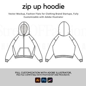 Zipped Hoodie Flat Technical Drawing: Streetwear Mock-up Template