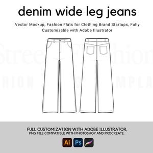 May include: Line art illustration of wide leg jeans. The jeans are shown from the front and back. The illustration is suitable for use in fashion design and branding.