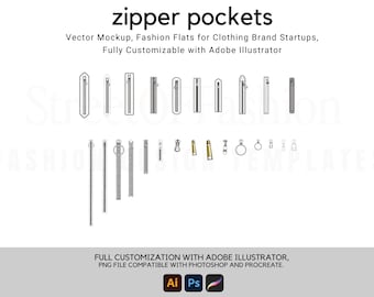 Zipper Pockets Technical Drawing: Fashion Flats Mockup Template