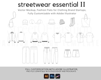 Streetwear Essential II Collection Vector Adobe Illustrator Tech Pack Mock-up Template Download File
