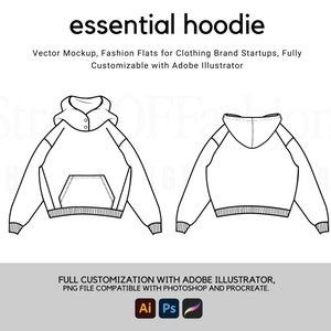 Boxy Pullover Hoodie II Flat Technical Drawing Illustration Classic Blank Streetwear Mock-up Template for Design Tech Packs CAD