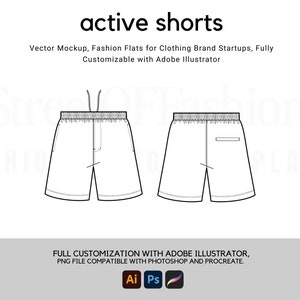 Può includere: Disegno a linea di pantaloncini attivi con vita a coulisse e una tasca sul retro. I pantaloncini sono progettati per l'abbigliamento sportivo e sono completamente personalizzabili in Adobe Illustrator.