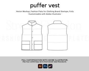 Puffer Vest Flat Technical Drawing: Streetwear Mock-up Template