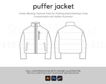 Down Jacket Boxy Fit Flat Technical Drawing Illustration Classic Blank Streetwear Mock-up Template