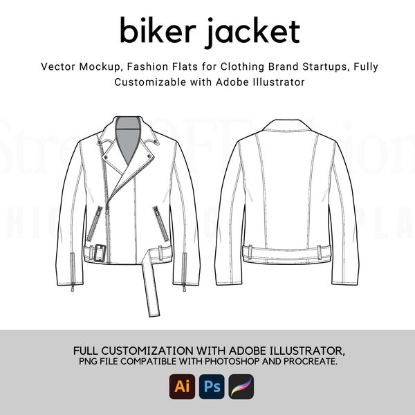 Biker Jacket Flat Technical Drawing Illustration Classic Blank Streetwear Mock-up Template for Design Tech Packs CAD