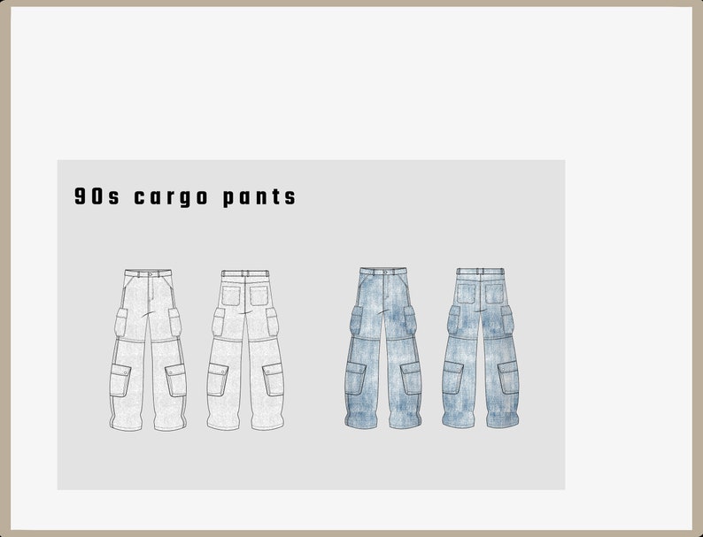 90s Cargo Pants Flat Technical Drawing Illustration Classic Blank ...