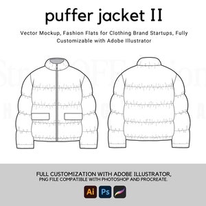 Könnte beinhalten: Eine Schwarzweiß-Linienzeichnung einer Steppjacke, von vorne und hinten gezeigt. Die Jacke hat einen Reißverschluss und einen Stehkragen. Die Zeichnung ist ein Mode-Flat, geeignet für den Einsatz im Bekleidungsdesign.