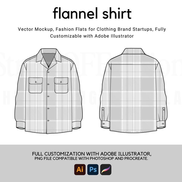 Flannel Shirt Flat Technical Drawing Illustration Classic Blank Streetwear Mock-up Template for Design Tech Packs CAD